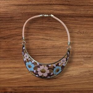 Vtg Enamel Pink 1970s Floral Cloisonne Bib Necklace Silk Rope Cord Signed Siti